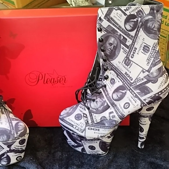Pleaser Women's Money Print Heeled Boots - Picture 3 of 5